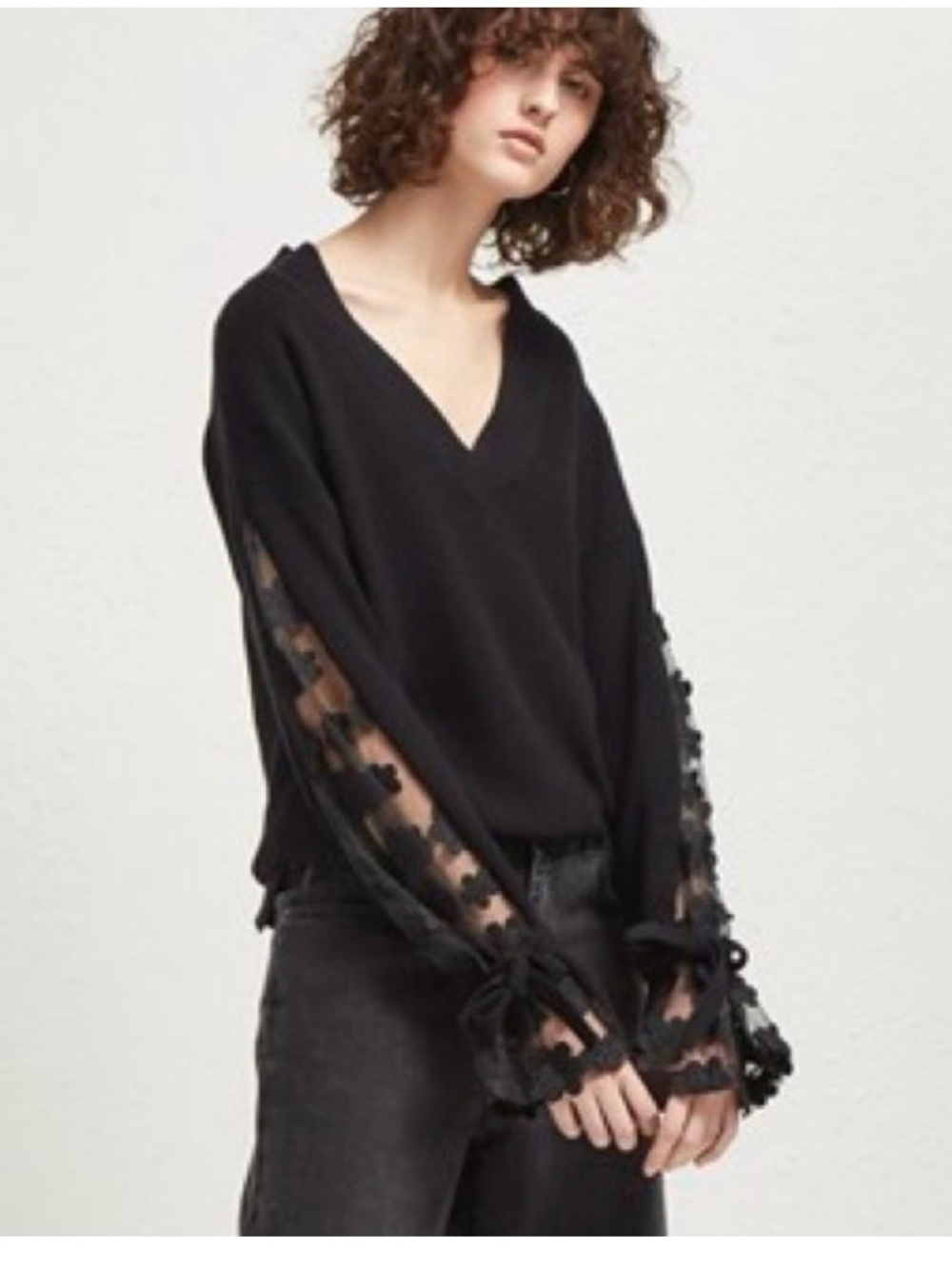 French Connection Black V-Neck Sweater with Sheer Lace Sleeve Detail